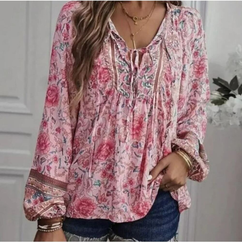 Women's Boho Pink Floral Tie-Neck Peasant Blouse - Medium - Picture 2 of 3